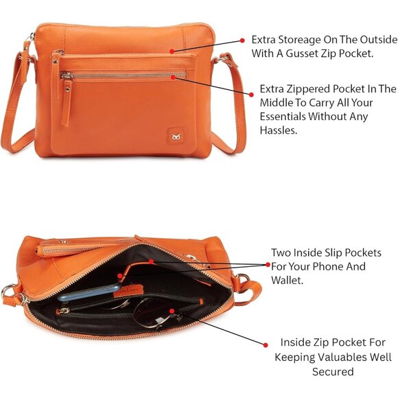 Women Orange Imported Leather Polyester Crossbody Sling Shoulder Crossover Bag - Picture 4 of 6